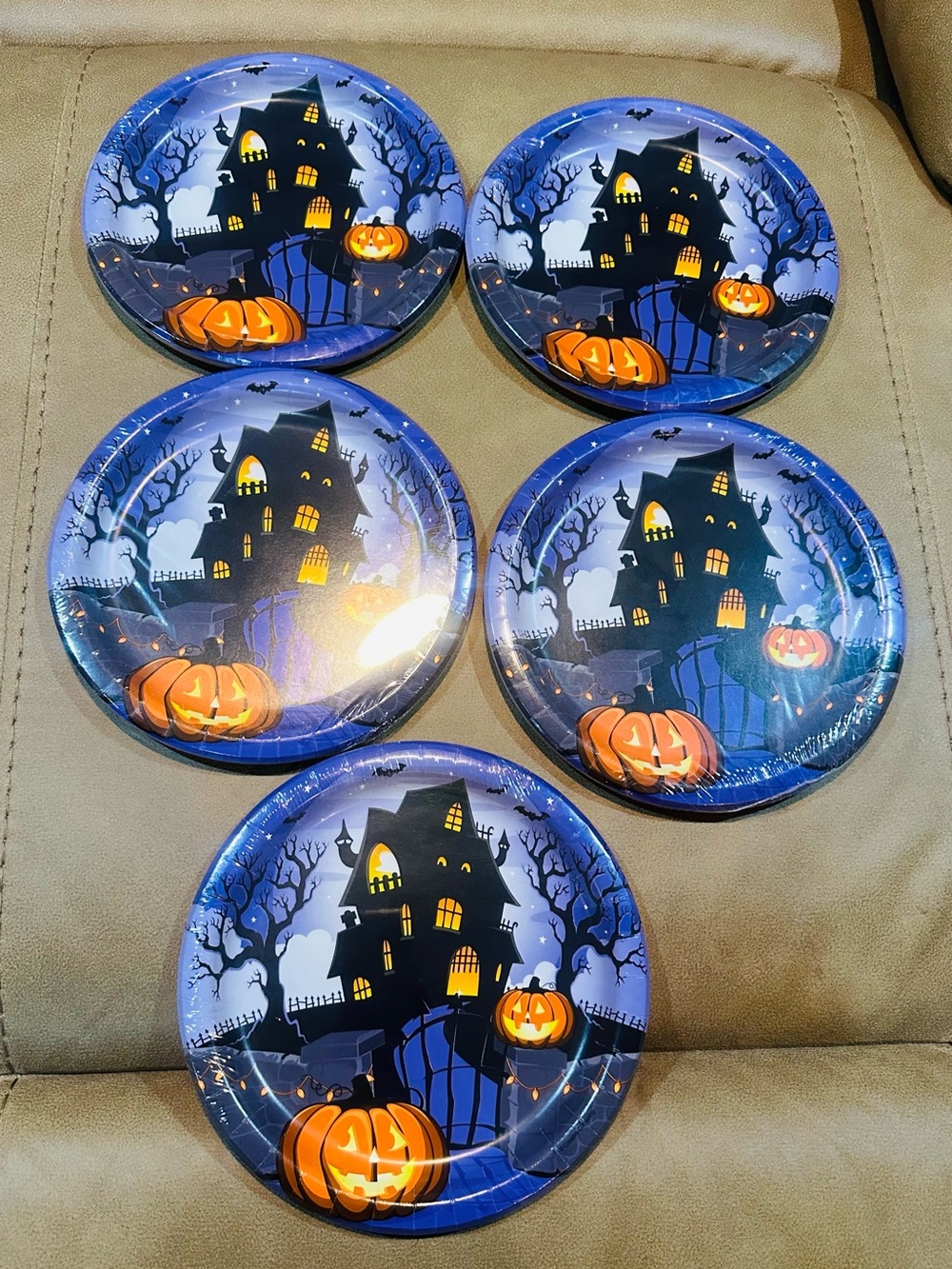 Halloween Haunted House Dinner Plates - Blue & Orange Party Plates